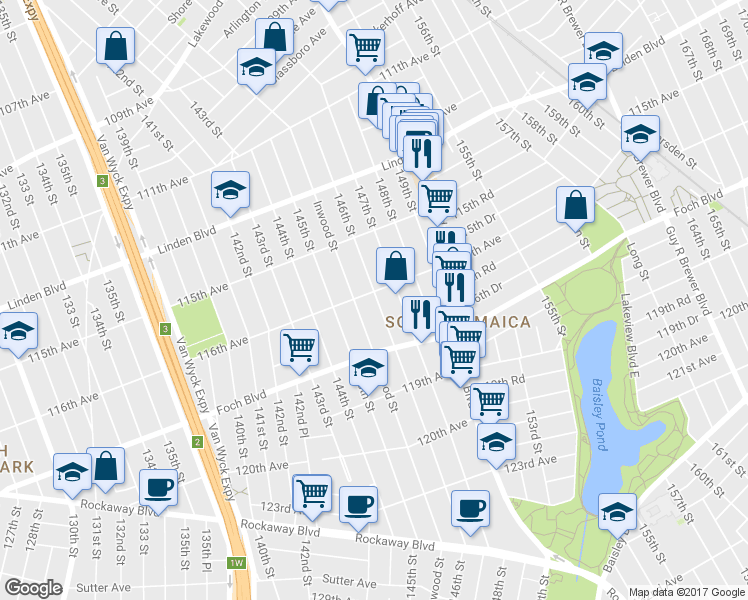 map of restaurants, bars, coffee shops, grocery stores, and more near 145-46 116th Avenue in Queens