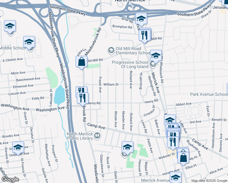 map of restaurants, bars, coffee shops, grocery stores, and more near 119 Rhode Avenue in Merrick