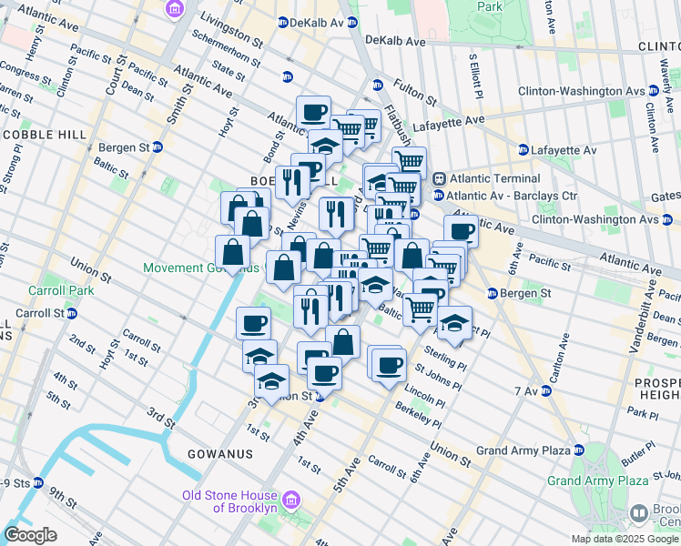 map of restaurants, bars, coffee shops, grocery stores, and more near 574 Warren Street in Brooklyn