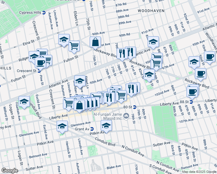 map of restaurants, bars, coffee shops, grocery stores, and more near 75-01 97th Avenue in Queens