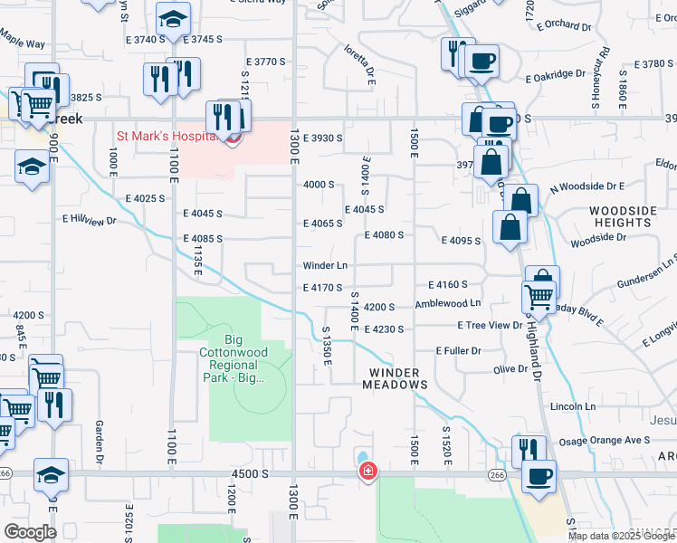 map of restaurants, bars, coffee shops, grocery stores, and more near 1368 Winder Lane in Millcreek