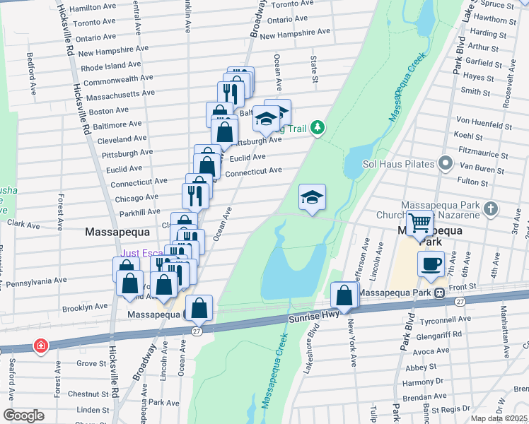 map of restaurants, bars, coffee shops, grocery stores, and more near 139 Clark Avenue in Massapequa