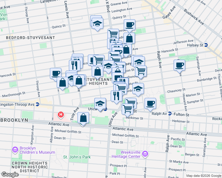 map of restaurants, bars, coffee shops, grocery stores, and more near 332 Decatur Street in Brooklyn