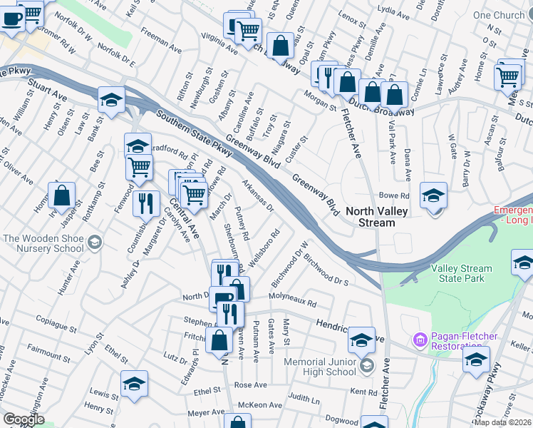 map of restaurants, bars, coffee shops, grocery stores, and more near 1002 Stafford Road in Valley Stream