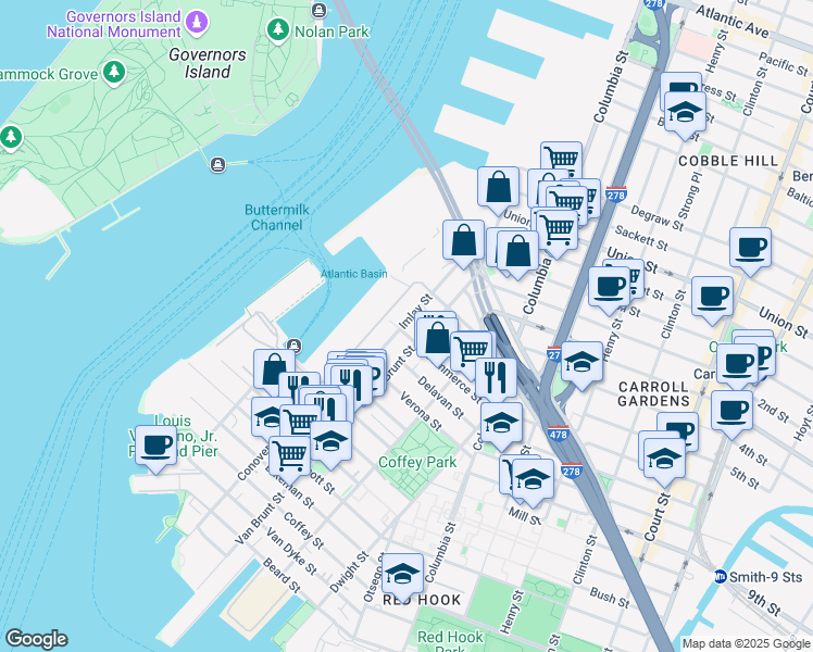 map of restaurants, bars, coffee shops, grocery stores, and more near 77 Imlay Street in Brooklyn