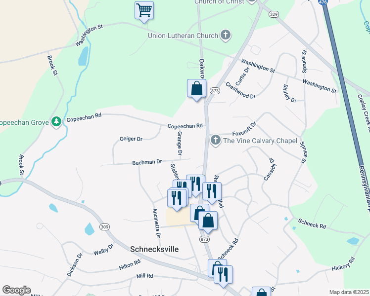 map of restaurants, bars, coffee shops, grocery stores, and more near 5235 Grange Drive in Schnecksville