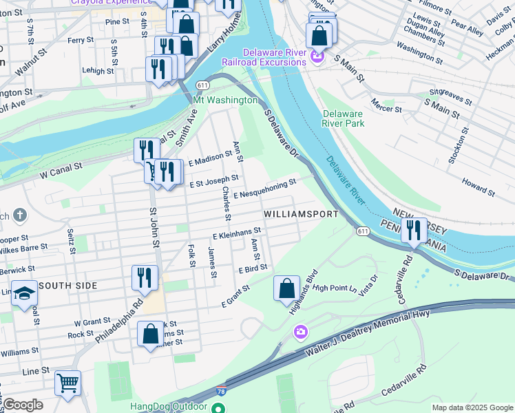 map of restaurants, bars, coffee shops, grocery stores, and more near 264 East Wilkes Barre Street in Easton