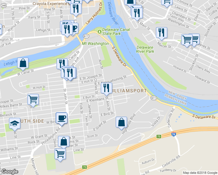 map of restaurants, bars, coffee shops, grocery stores, and more near 264 East Wilkes Barre Street in Easton