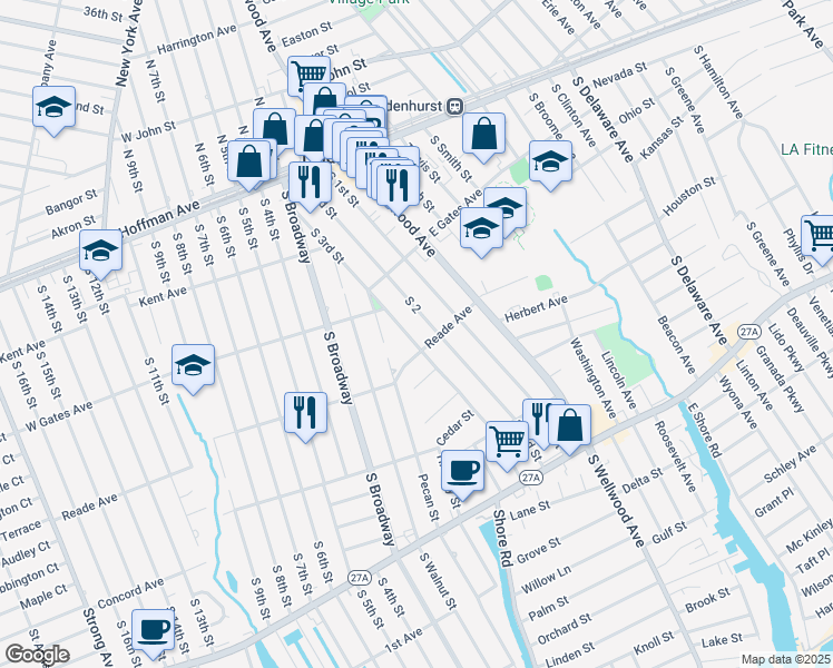 map of restaurants, bars, coffee shops, grocery stores, and more near 376 S 3rd St in Lindenhurst