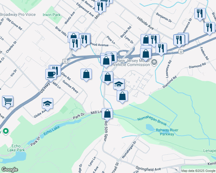 map of restaurants, bars, coffee shops, grocery stores, and more near 592 Springfield Avenue in Westfield