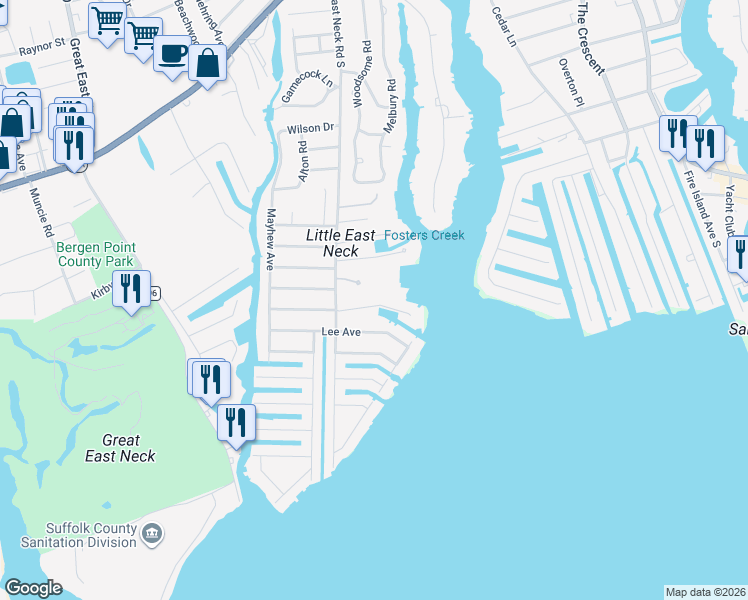 map of restaurants, bars, coffee shops, grocery stores, and more near 18 Waters Edge Court in Babylon