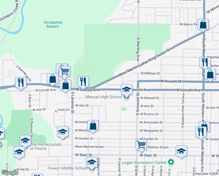 map of restaurants, bars, coffee shops, grocery stores, and more near 2803 West Lincoln Avenue in Peoria