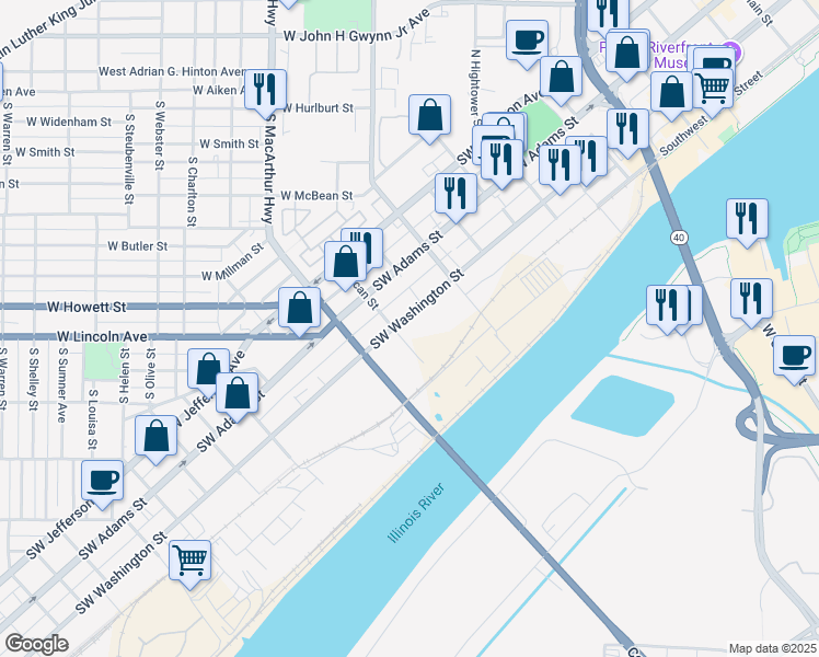 map of restaurants, bars, coffee shops, grocery stores, and more near 1218 Southwest Washington Street in Peoria