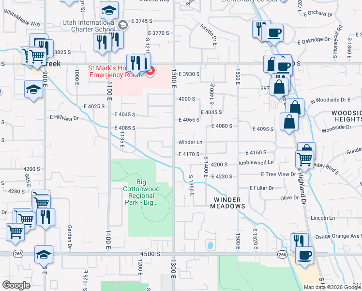 map of restaurants, bars, coffee shops, grocery stores, and more near 1318 Winder Lane in Millcreek