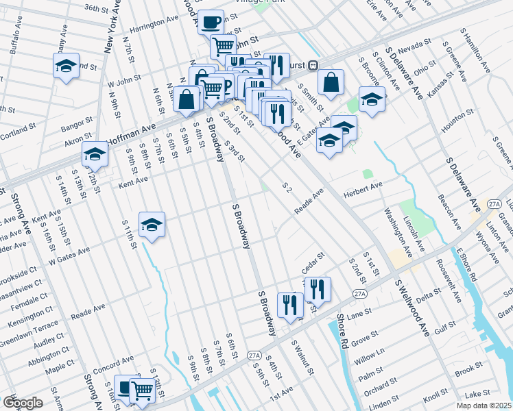map of restaurants, bars, coffee shops, grocery stores, and more near 315 Pecan Street in Lindenhurst