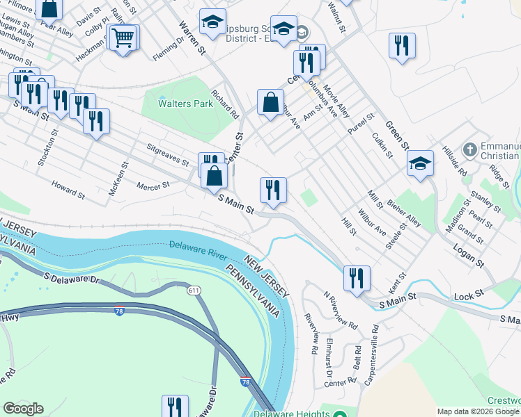 map of restaurants, bars, coffee shops, grocery stores, and more near 779 South Main Street in Phillipsburg