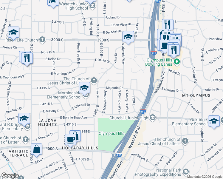map of restaurants, bars, coffee shops, grocery stores, and more near 4141 South Monarch Way in Salt Lake City