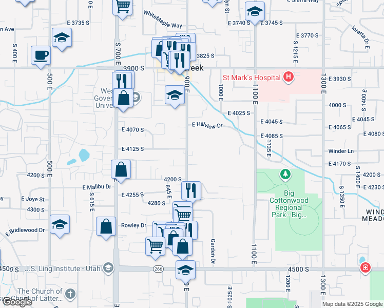 map of restaurants, bars, coffee shops, grocery stores, and more near 4139 900 East in Millcreek