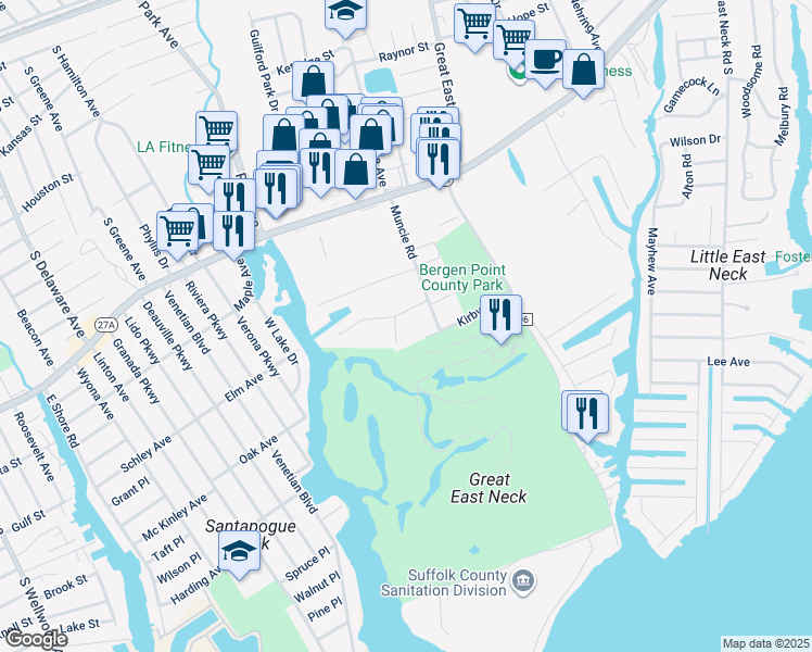 map of restaurants, bars, coffee shops, grocery stores, and more near 681 Kirby Lane in West Babylon