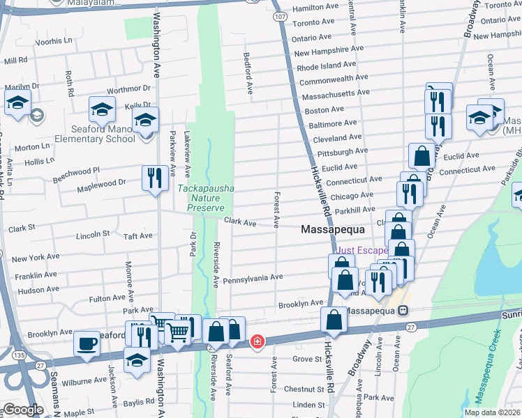 map of restaurants, bars, coffee shops, grocery stores, and more near 16 Chicago Avenue in Massapequa