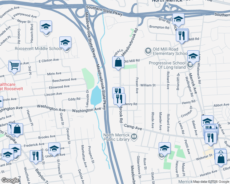 map of restaurants, bars, coffee shops, grocery stores, and more near 7 James Street in Merrick