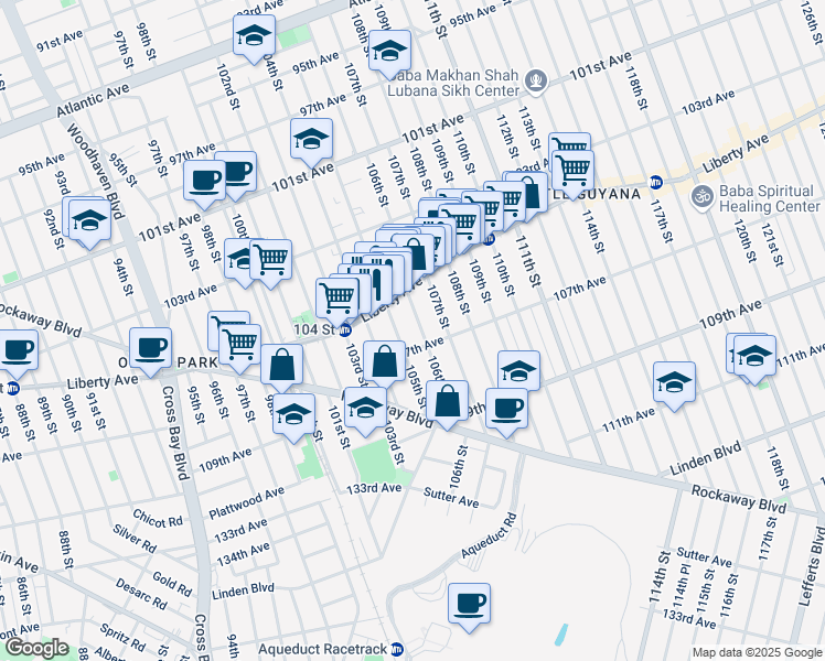map of restaurants, bars, coffee shops, grocery stores, and more near 106-03 107th Avenue in Queens