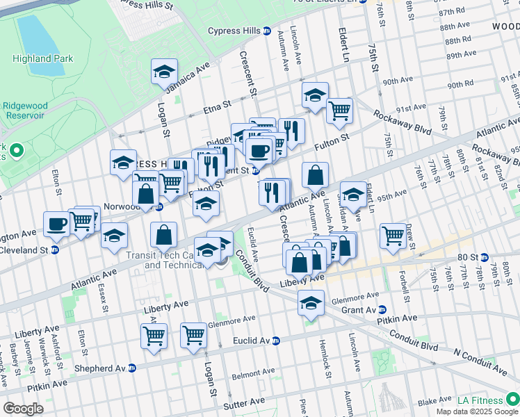 map of restaurants, bars, coffee shops, grocery stores, and more near 295 Euclid Avenue in Brooklyn