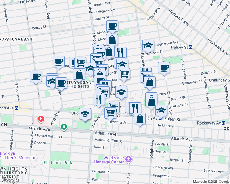 map of restaurants, bars, coffee shops, grocery stores, and more near 239 Bainbridge Street in Brooklyn