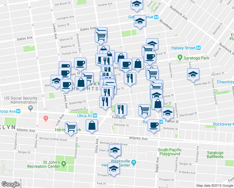 map of restaurants, bars, coffee shops, grocery stores, and more near 239 Bainbridge Street in Brooklyn