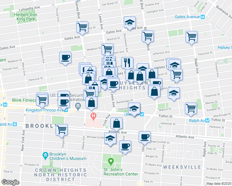 map of restaurants, bars, coffee shops, grocery stores, and more near 257 Decatur Street in Brooklyn