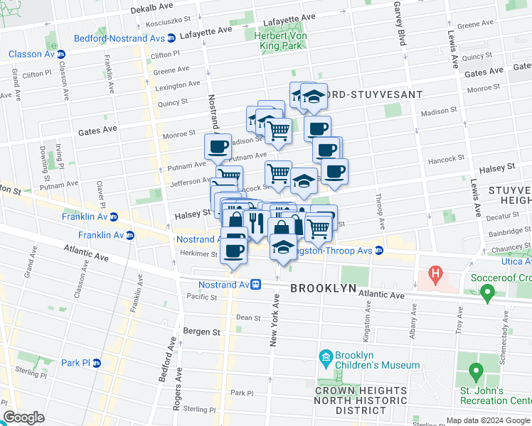 map of restaurants, bars, coffee shops, grocery stores, and more near 107 Macon Street in Brooklyn