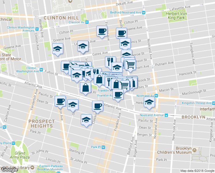 map of restaurants, bars, coffee shops, grocery stores, and more near 1066 Fulton Street in Brooklyn