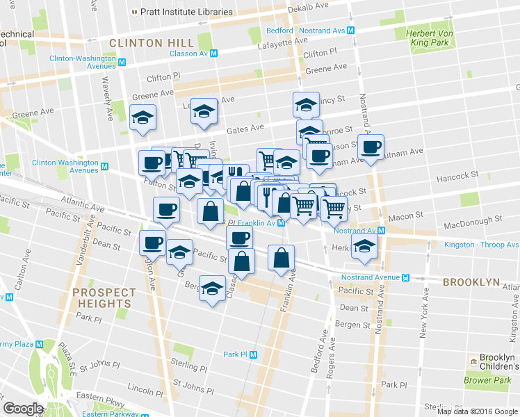 map of restaurants, bars, coffee shops, grocery stores, and more near 1066 Fulton Street in Brooklyn