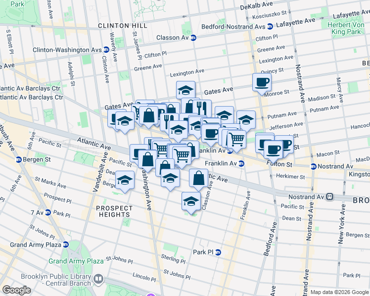 map of restaurants, bars, coffee shops, grocery stores, and more near 73 Lefferts Place in Brooklyn