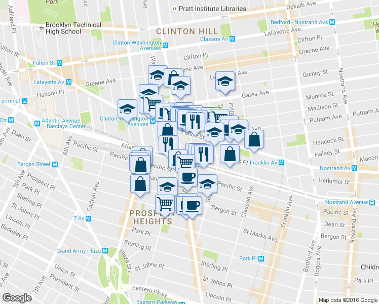 map of restaurants, bars, coffee shops, grocery stores, and more near 300 Saint James Place in Brooklyn