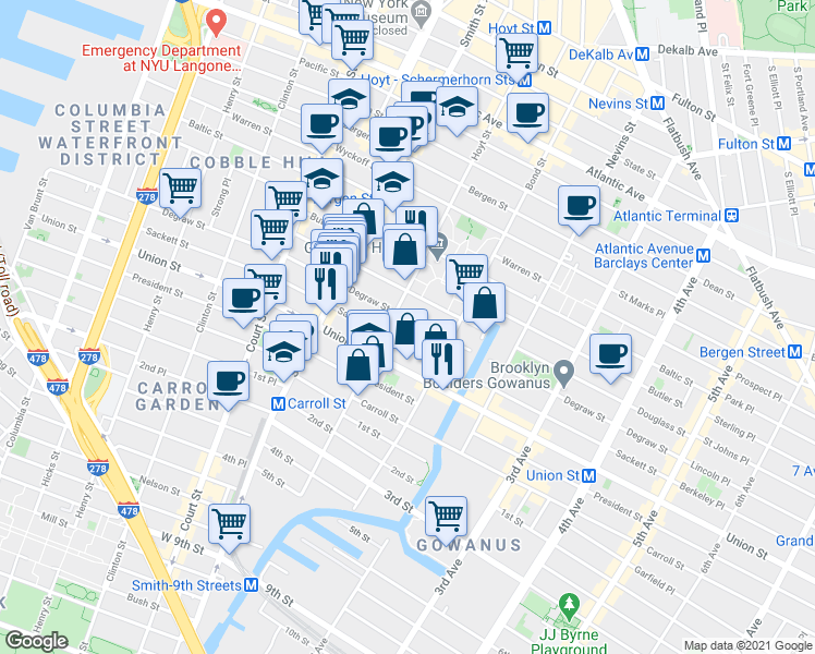 map of restaurants, bars, coffee shops, grocery stores, and more near 438 Degraw Street in Brooklyn