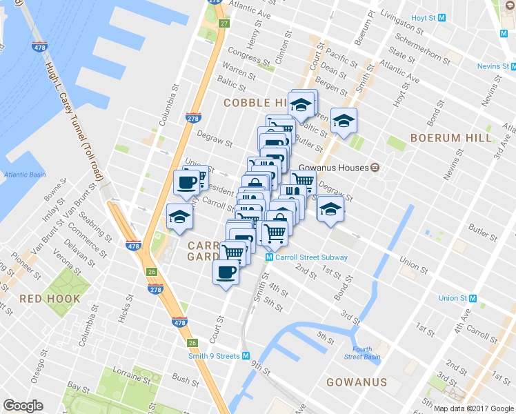 map of restaurants, bars, coffee shops, grocery stores, and more near 374 Court Street in Brooklyn