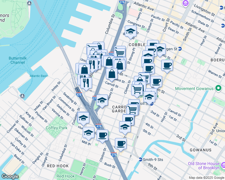 map of restaurants, bars, coffee shops, grocery stores, and more near 166 Summit Street in Brooklyn