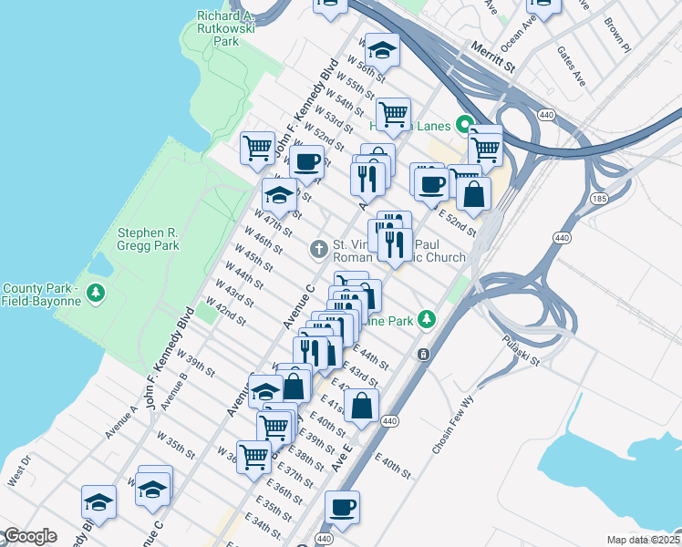 map of restaurants, bars, coffee shops, grocery stores, and more near 45 West 46th Street in Bayonne