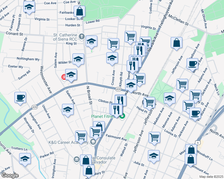 map of restaurants, bars, coffee shops, grocery stores, and more near 1338 North Avenue in Elizabeth