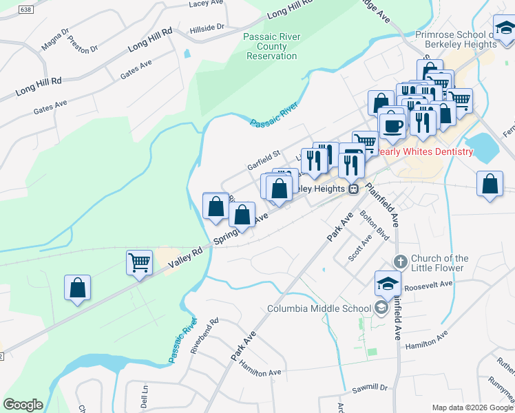 map of restaurants, bars, coffee shops, grocery stores, and more near 655 Springfield Avenue in Berkeley Heights