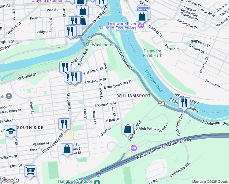 map of restaurants, bars, coffee shops, grocery stores, and more near 264 East Wilkes Barre Street in Easton