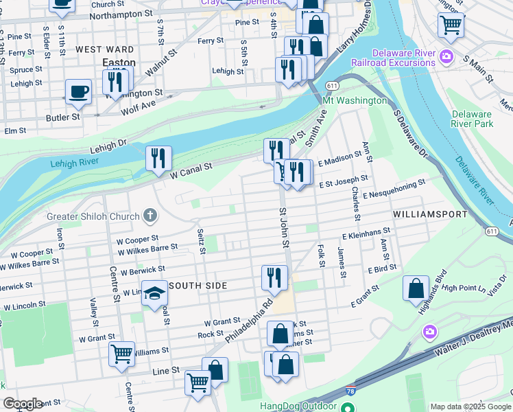 map of restaurants, bars, coffee shops, grocery stores, and more near 261 West Nesquehoning Street in Easton
