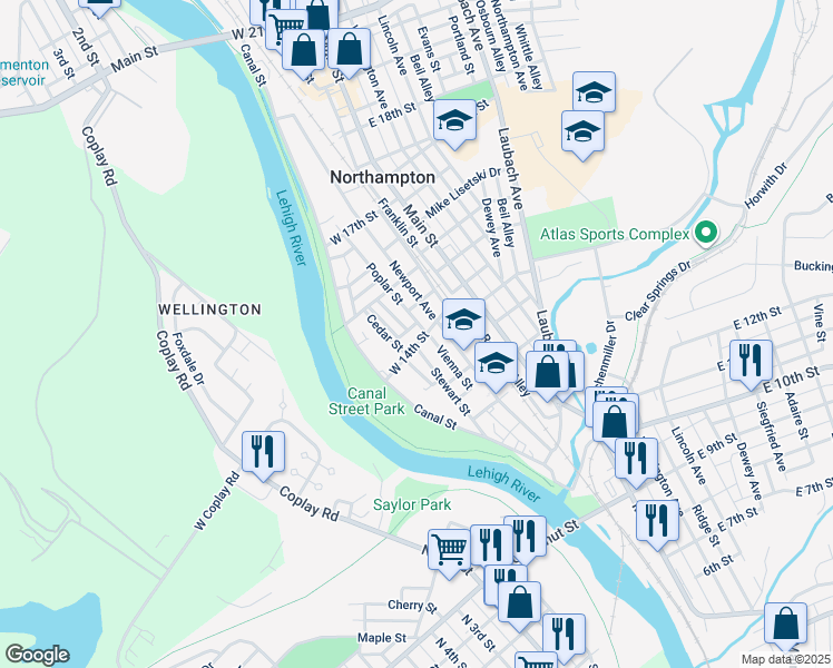 map of restaurants, bars, coffee shops, grocery stores, and more near 131 West 14th Street in Northampton