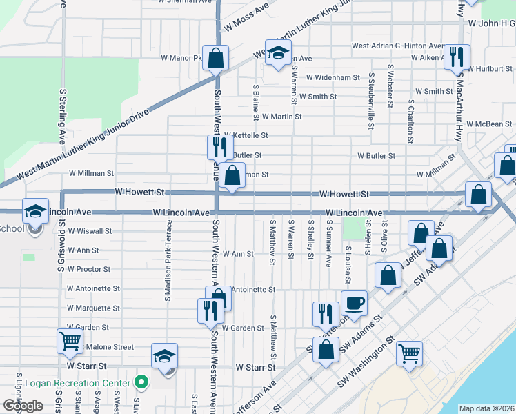 map of restaurants, bars, coffee shops, grocery stores, and more near 1717 West Lincoln Avenue in Peoria