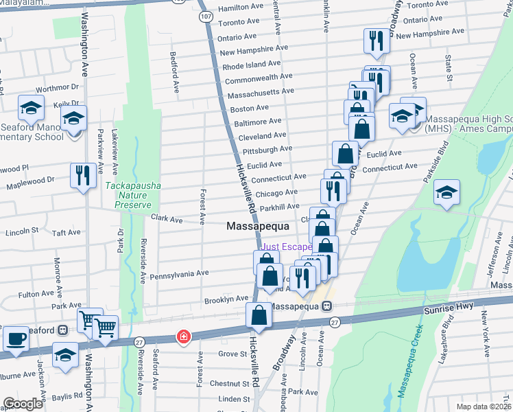 map of restaurants, bars, coffee shops, grocery stores, and more near 566 Hicksville Road in Massapequa
