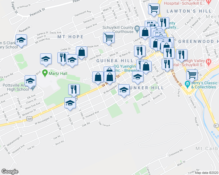map of restaurants, bars, coffee shops, grocery stores, and more near 1016 West Norwegian Street in Pottsville