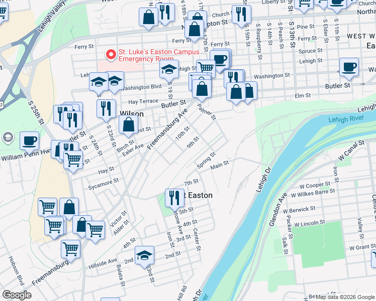 map of restaurants, bars, coffee shops, grocery stores, and more near 298 9th Street in West Easton