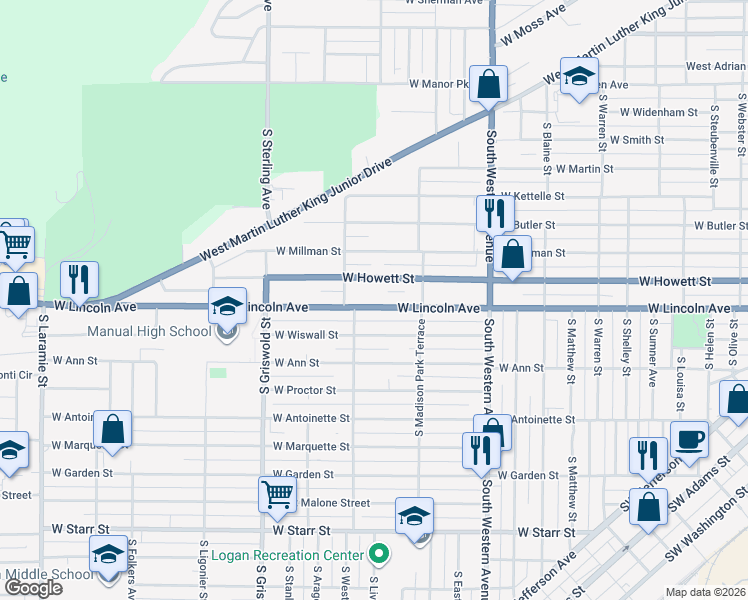 map of restaurants, bars, coffee shops, grocery stores, and more near 2203 West Lincoln Avenue in Peoria
