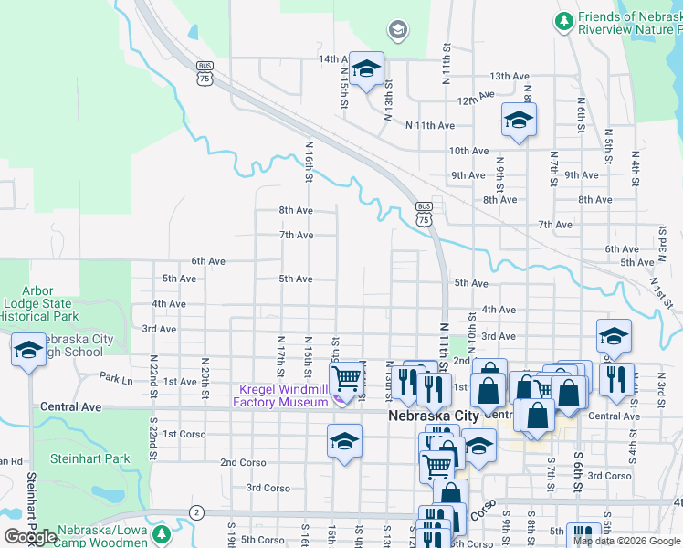 map of restaurants, bars, coffee shops, grocery stores, and more near 604 North 15th Street in Nebraska City